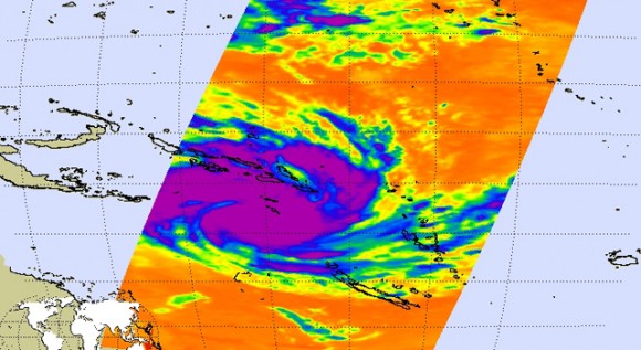 of Tropical Cyclone Yasi taken at 6:29 a.m. PST (9:29 a.m. EST) on Jan. 31, 2011. Areas colored purple represent the storm's coldest cloud-top temperatures and areas of heaviest precipitation. Image credit: NASA/JPL-Caltech