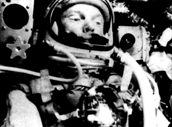 Astronaut John Glenn as photographed during his space flight by an automatic sequence motion picture camera mounted inside Friendship 7. Credit: NASA