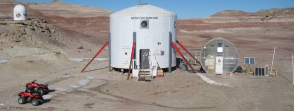 The MDRS Campus in Utah, with the Habitat, observatory and greenhab.