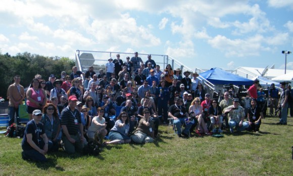 Members of the NASA Tweetup for STS-133 gather for a photo. They finally got to see their mission launch, after waiting nearly four months. Surprisingly, over 100 of the original 150 were able to return on Feb. 24 for the launch. Credit: Nancy Atkinson