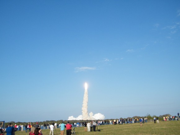 View from the KSC press site of the STS-133 launch. Credit: Nancy Atkinson