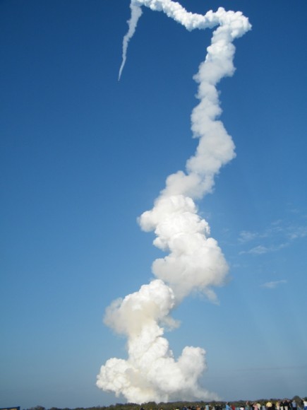 STS-133 launch, just before solid rocket booster separation. Credit: Nancy Atkinson