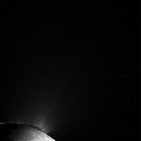 This image of Saturn's moon Enceladus was obtained by NASA's Cassini spacecraft on Jan. 31, 2011. It shows the famous jets erupting from the south polar terrain of Enceladus. Image credit: NASA/JPL/SSI