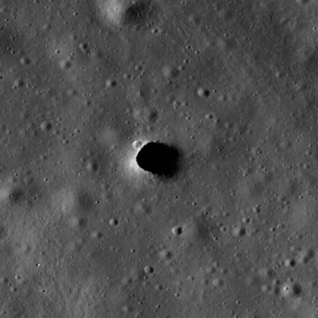 An image taken about a year ago showing the dark entrance to the Marius Hills pit. Credit: NASA/GSFC/Arizona State University