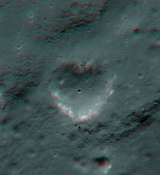 A heart-shaped crater in the Galilae region on the Moon. Credit: ASA/GSFC/Arizona State University; 3-D by Nathanial Burton-Bradford.