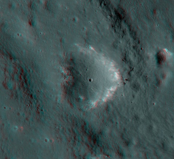 A heart-shaped crater in the Galilae region on the Moon. Credit: ASA/GSFC/Arizona State University; 3-D by Nathanial Burton-Bradford.