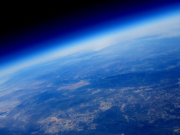 August 2010 Launch site Warner Springs Gliderport is in the middle of this shot from the edge of space. Credit: Quest for Stars