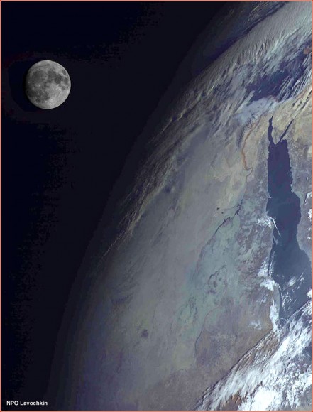 Russia's Elektro-L spacecraft captured this view of the Moon over the Red Sea region of the Earth. Credit: NPO Lavochkin