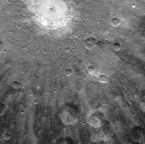 Bright rays, consisting of impact ejecta and secondary craters, spread across this NAC image and radiate from Debussy crater, located at the top. Credit: NASA/Johns Hopkins University Applied Physics Laboratory/Carnegie Institution of Washington