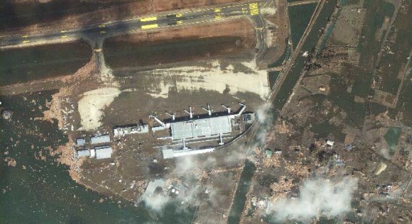 The Sendai Airport after the disaster. Satellite image courtesy of GeoEye.