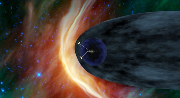 This artist's concept shows NASA's two Voyager spacecraft exploring a turbulent region of space known as the heliosheath, the outer shell of the bubble of charged particles around our sun. Image credit: NASA/JPL-Caltech