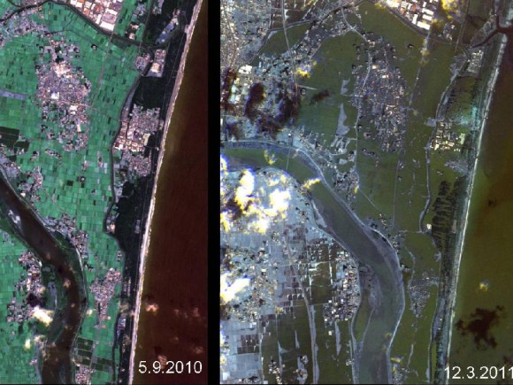 Japan's Coastline Before and After the Tsunami These images show the effects of the tsunami on Japan's coastline. The image on the left was taken on Sept. 5, 2010; the image on the right was taken on March 12, 2011, one day after an earthquake and resulting tsunami struck the island nation. Image Credit: German Aerospace Center (DLR)/Rapid Eye