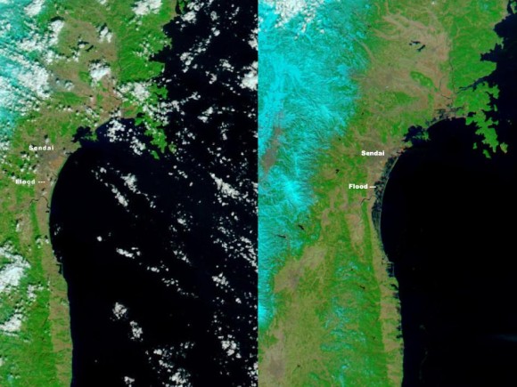 The Moderate Resolution Imaging Spectroradiometer (MODIS) on NASA’s Aqua satellite took the right image on Mar. 13, 2011, while the MODIS sensor on NASA’s Terra satellite took the left image on Feb 26, 2011. NASA images courtesy the MODIS Rapid Response Team at NASA GSFC.