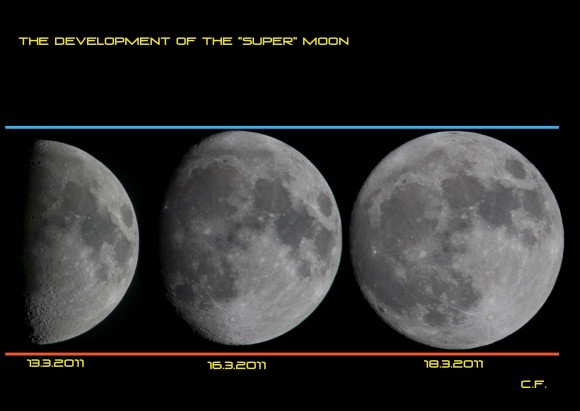 ‘I took a few shots of the moon during last week and collected three of them to the same picture adding color lines to help the viewer to compare the size of the moon when it is nearing to its perigree status. All the shots have been taken in Laukaa, Central Finland with Sony Alpha700 dslr -camera equipped with 300mm minolta telephoto lens and 2x tele converter, hand held, manual focus. Unfortunately, the night 19.3.2011 was here cloudy, so I couldn't take photos then.’ Credit: Jukka Seppala, Teacher, nature photographer, Vihtavuori, Central Finland