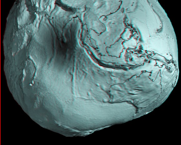 Australia and Asia region of Earth's geoid. Credits: ESA/HPF/DLR, anaglyph by Nathanial Burton-Bradford.