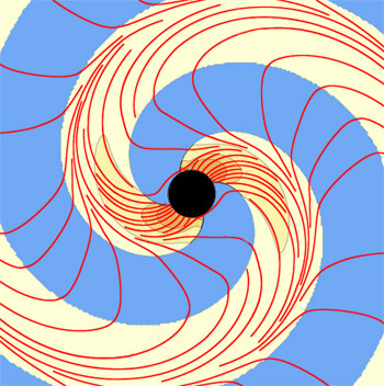 Two spiral-shaped vortexes (yellow) of whirling space sticking out of a black hole, and the vortex lines (red curves) that form the vortexes. Credit: The Caltech/Cornell SXS Collaboration