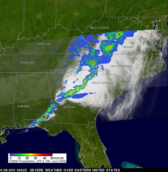 The Tropical Rainfall Measuring Mission satellite captured the rainfall rates occurring in the line of thunderstorms associated with a powerful cold front moving through the eastern U.S. on April 28, 2011. The yellow and green areas indicate moderate rainfall between .78 to 1.57 inches per hour. The very small red areas are heavy rainfall at almost 2 inches (50 mm) per hour. Credit: NASA/SSAI, Hal Pierce