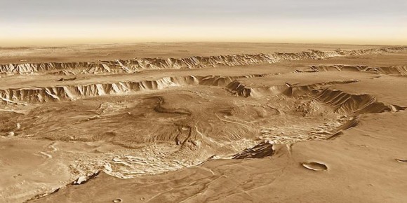 This view across western Candor Chasma on Mars was created with data from the 2001 Mars Odyssey. Credit: NASA/JPL/Arizona State University, R. Luk