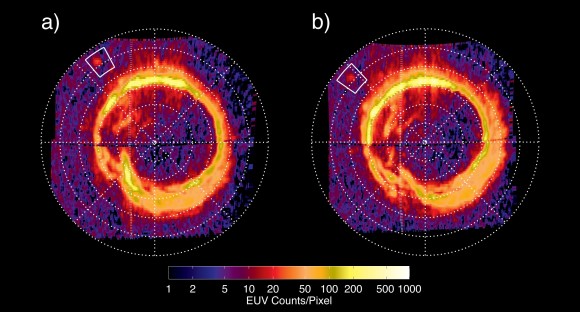 NASA's Cassini spacecraft has spotted a glowing patch of ultraviolet light near Saturn's north pole that marks the presence of an electrical circuit that connects Saturn with its moon Enceladus. Two images obtained by Cassini's ultraviolet imaging spectrograph on Aug. 26, 2008, separated by 80 minutes, showing how the ‘footprint’ moved according to changes in the position of Enceladus. Credit: NASA/JPL/University of Colorado/Central Arizona College