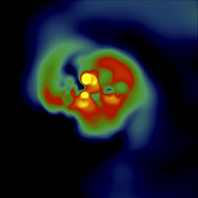 Simulation of the formation of the first stars showing fast rotation. Credit: A. Stacy, University of Texas.