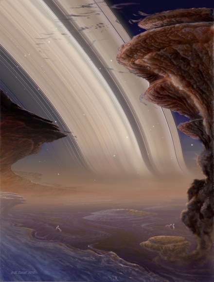 Clouds tower into a twilight sky on Saturn. The planet’s glowing rings seem to bend at the horizon because of the dense air. (painting ©Michael Carroll)