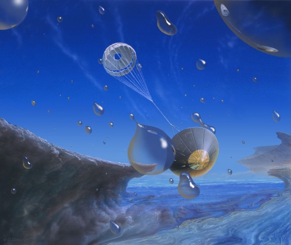 Triton Probe: Neptune’s blue skies may be visited by beachball-sized methane raindrops. (painting ©Michael Carroll)