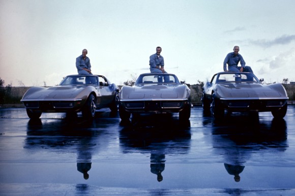 Apollo 12 astronauts (L-R) Charles 'Pete' Conrad Jr., Richard Francis Gordon Jr., and Alan LaVern Bean with their identical 1969 Corvette Stingray coupes. The coupes features a 390-hp, 427 V-8 and black-accented Riverside Gold color scheme designed by Bean. Photo by Ralph Morse / Time & Life Pictures / Getty Images.