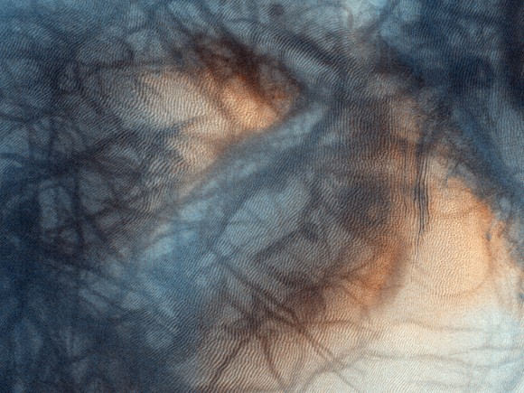 A new image from the HiRISE camera on the Mars Reconnaissance Orbiter shows an ethereal landscape near Mars north pole. Credit: NASA/HiRISE team