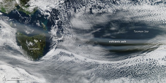 The Chilean ash plume over southern Australia and the Tasman Sea on June 13, 2011. Credit: NASA/MODIS on the Aqua Satellite.