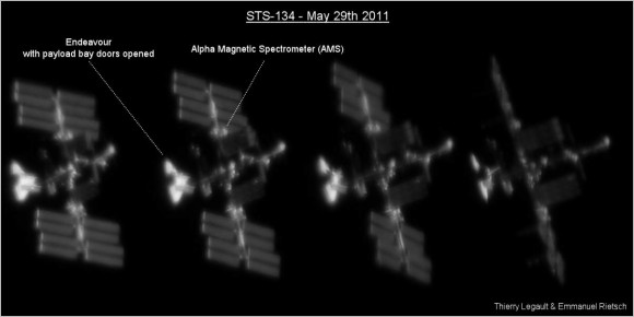 Four frames of a video of Endeavour docked to the ISS on May 29, 2011. Credit: Thierry Legault and Emmanuel Rietsch