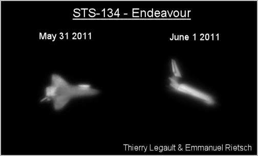 Frames from videos taken from Spain (May 31) and France (June 1) 90 minutes before deorbit burn. Credit: Thierry Legault and Emmanual Rietsch.