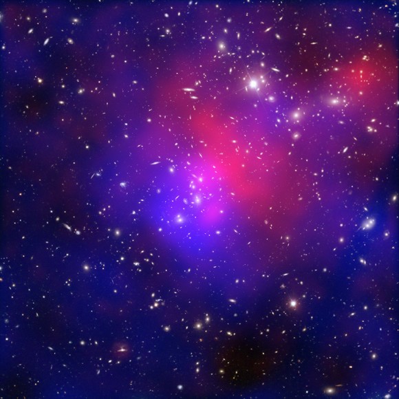 A collision of galaxy clusters about 3.5 billion light years away.