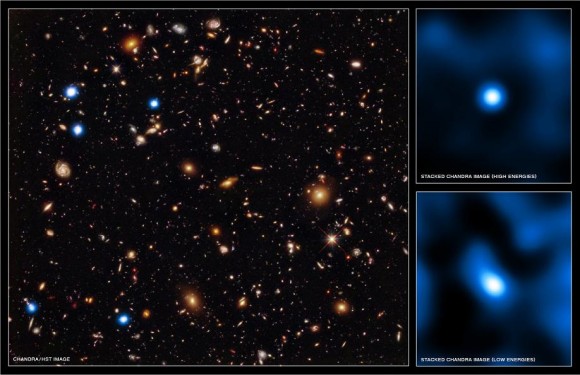 A composite image combines the deepest X-ray image ever taken with optical and infrared data from Hubble.