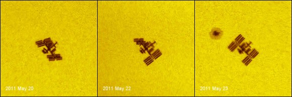 Series of transits taken on May 20, 22 and 23, 2011 from different areas of France, showing variations of orientation of the ISS with Endeavour docked. On May 23, the ISS passes besides a sunspot which is larger than the Earth. Credit: Thierry Legault
