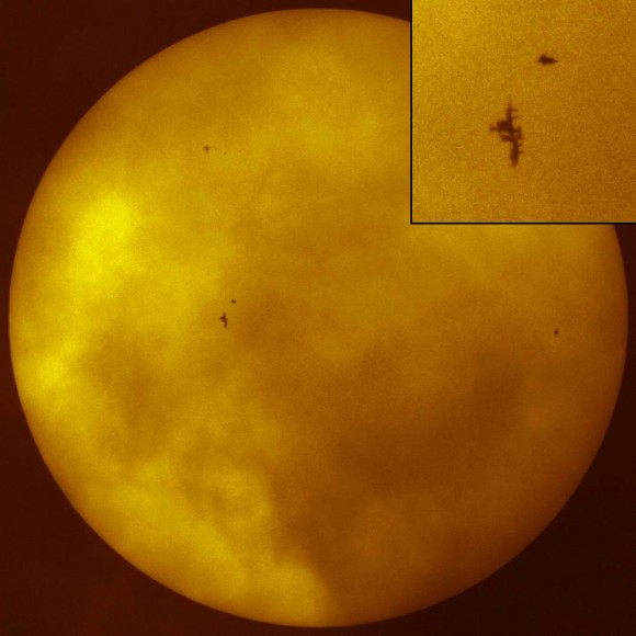 Solar transit taken on May 18th from Essen, Germany through thick clouds showing Endeavour a few minutes before docking to the ISS. Transit duration was 0.7 seconds. Credit: Thierry Legault.