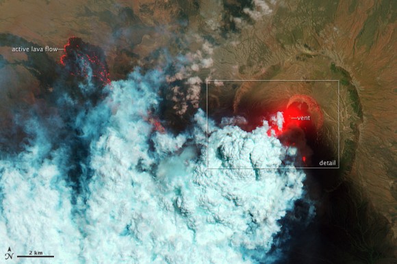 This false color satellite image shows active lava flows of the Nabro volcano in Eritrea on June 24, 2011. Credit: the Advanced Land Imager (ALI) aboard the Earth Observing-1 (EO-1) satellite.