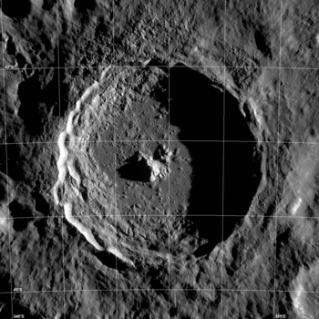 LROC WAC mosaic of Tycho crater with lighting similar to that when the NAC oblique image was taken. Mosaic is 130 km wide, north is up. Credit: NASA/GSFC/Arizona State University.