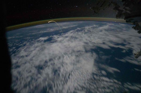 Atlantis' fiery final return home, as seen by the crew of the International Space Station. Credit: NASA_Johnson Twitter feed.