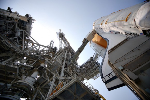 Unique view of shuttle Atlantis on the pad. Credit: Mike Deep for Universe Today.