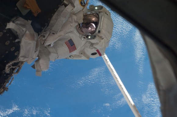 A close-up view of Mike Fossum during the final EVA of the shuttle era. Credit: NASA