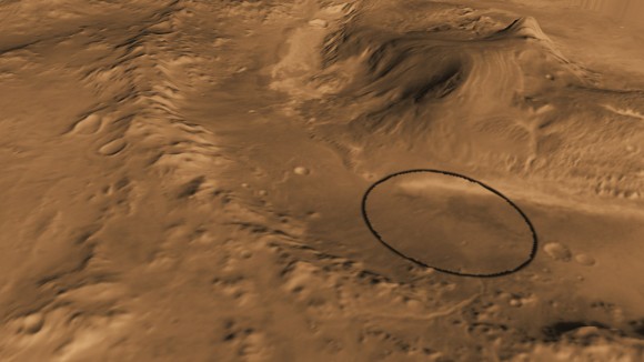 This computer-generated view based on multiple orbital observations shows Mars' Gale crater as if seen from an aircraft northwest of the crater. Image Credit: NASA/JPL-Caltech/ASU/UA