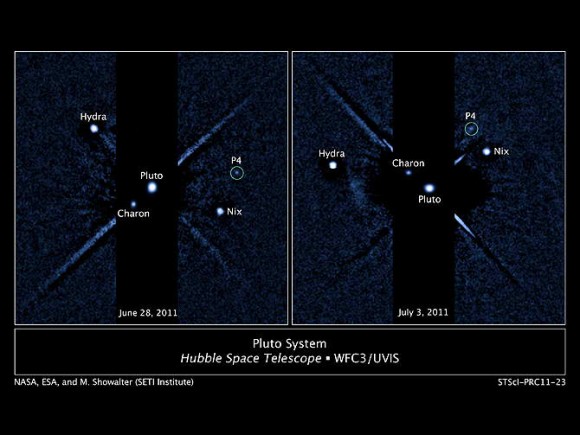Two labeled images of the Pluto system taken by the Hubble Space Telescope's Wide Field Camera 3 ultraviolet visible instrument with newly discovered fourth moon P4 circled. The image on the left was taken on June 28, 2011. The image of the right was taken on July 3, 2011. Credit: NASA, ESA, and M. Showalter (SETI institute)