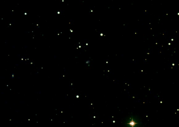 Comet Elenin -- the little fuzzy blob in the middle of the image -- as it appeared on May 22, 2011. Credit: Peter Lake.