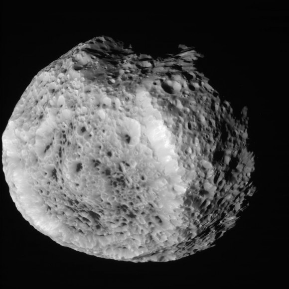 This raw, unprocessed image of Hyperion was taken on August 25, 2011 and received on Earth August 26, 2011. Image credit: NASA/JPL-Caltech/Space Science Institute