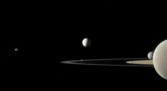 Saturns moons and rings, in color. Credit: NASA / JPL / SSI. Edited by Jason Major.