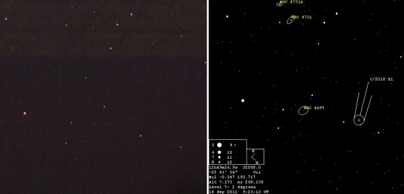 Comet Elenin on Sept. 14, 2011. It is now almost indiscernible. Image and annotated chart by Michael Mattiazzo. Used by permission.
