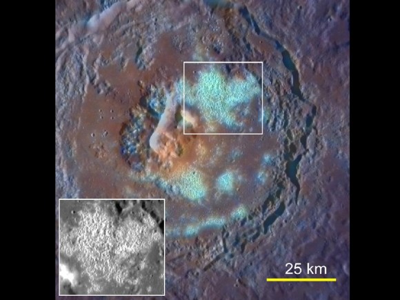 A high-resolution monochrome image has been combined with a lower-resolution enhanced-color image. The hollows appear in cyan, a result of their high reflectance and bluish color relative to other parts of the planet. The large pit in the center of the crater may be a volcanic vent, from which the orange material erupted. Credit: Courtesy of Science/AAAS