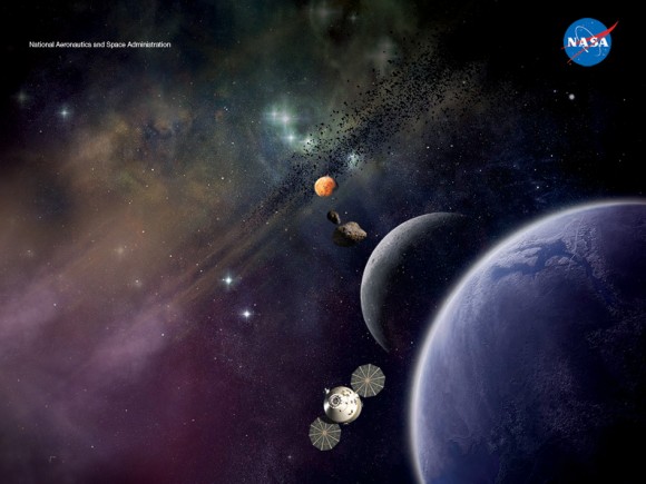 An artist's concept shows the Orion Multipurpose Crew Vehicle and future destinations for human exploration beyond Earth orbit: the moon, an asteroid and Mars. Credit: NASA