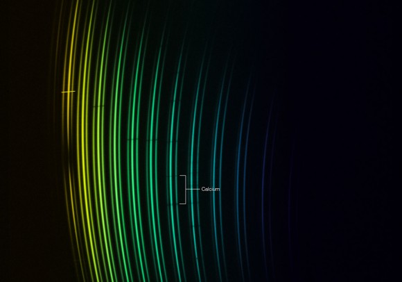 This picture shows the distribution of the light of different colours coming from the remarkable star SDSS J102915+172927 after it has been split up by the X-Shooter instrument on the ESO VLT. Credit: ESO/E. Caffau