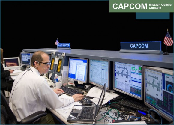 A view of the Capcom station in ISS Mission Control at Johnson Space Center. Credit: NASA